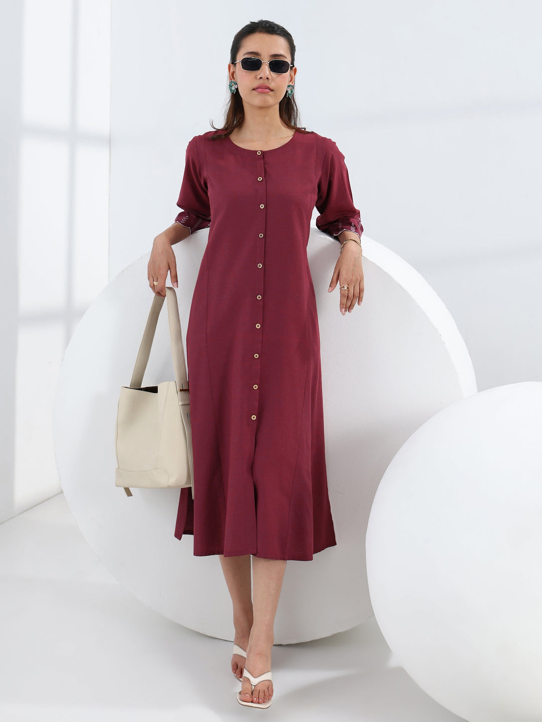  Maroon Solid Cotton Blend A-Line One Piece Dress 