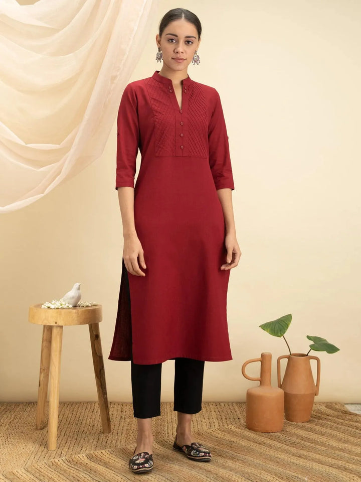 Maroon Solid Cotton Kurta - Libas