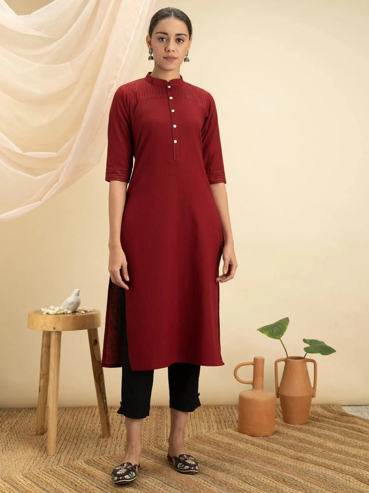 Maroon Solid Cotton Kurta - Libas