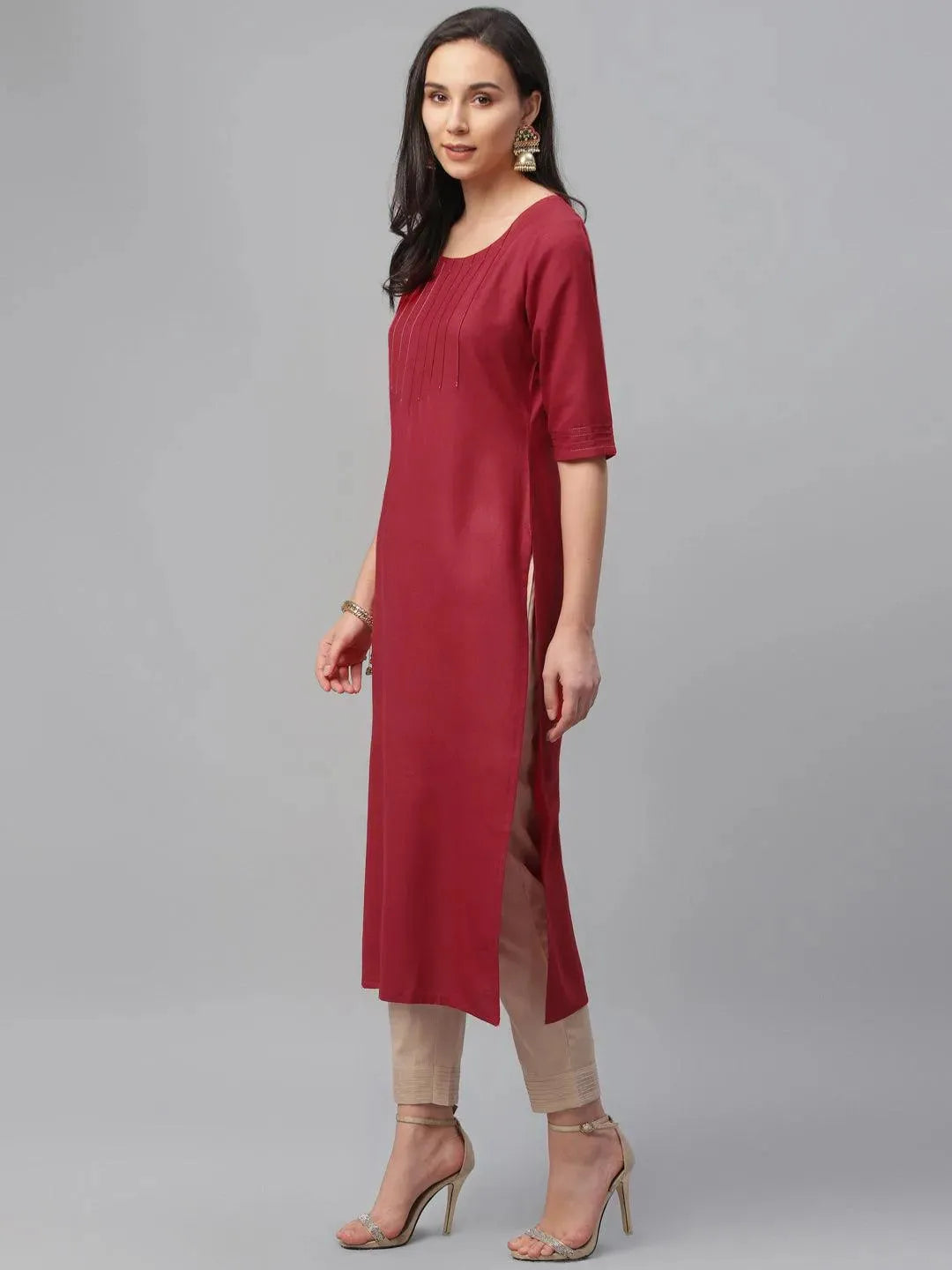 Maroon Solid Cotton Kurta - Libas 