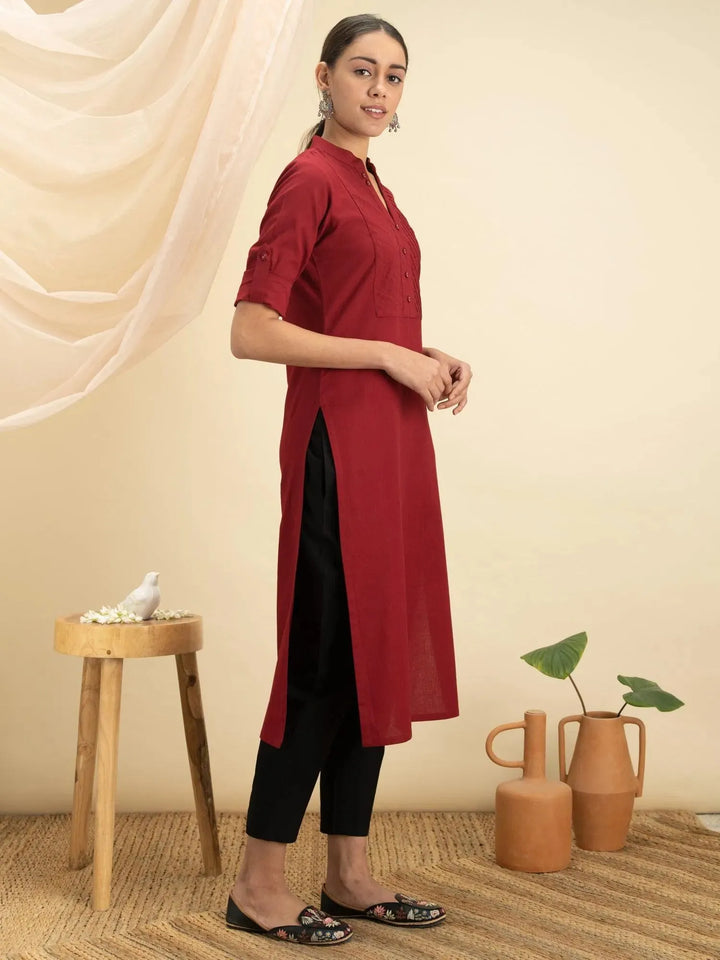 Maroon Solid Cotton Kurta - Libas