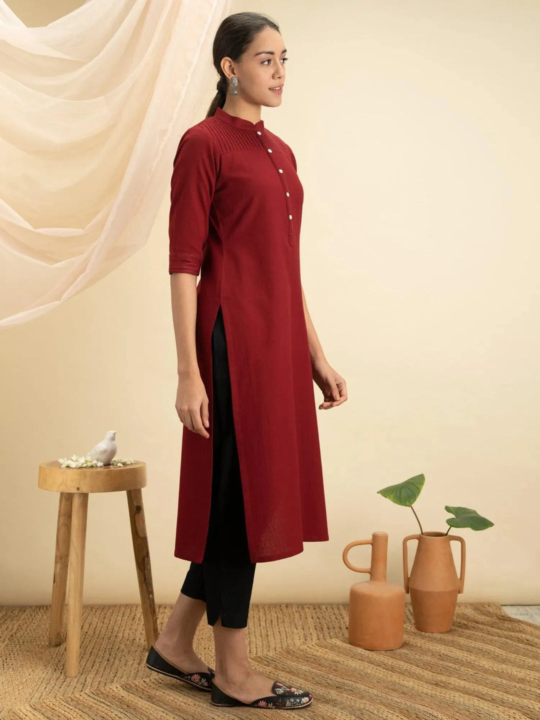 Maroon Solid Cotton Kurta - Libas