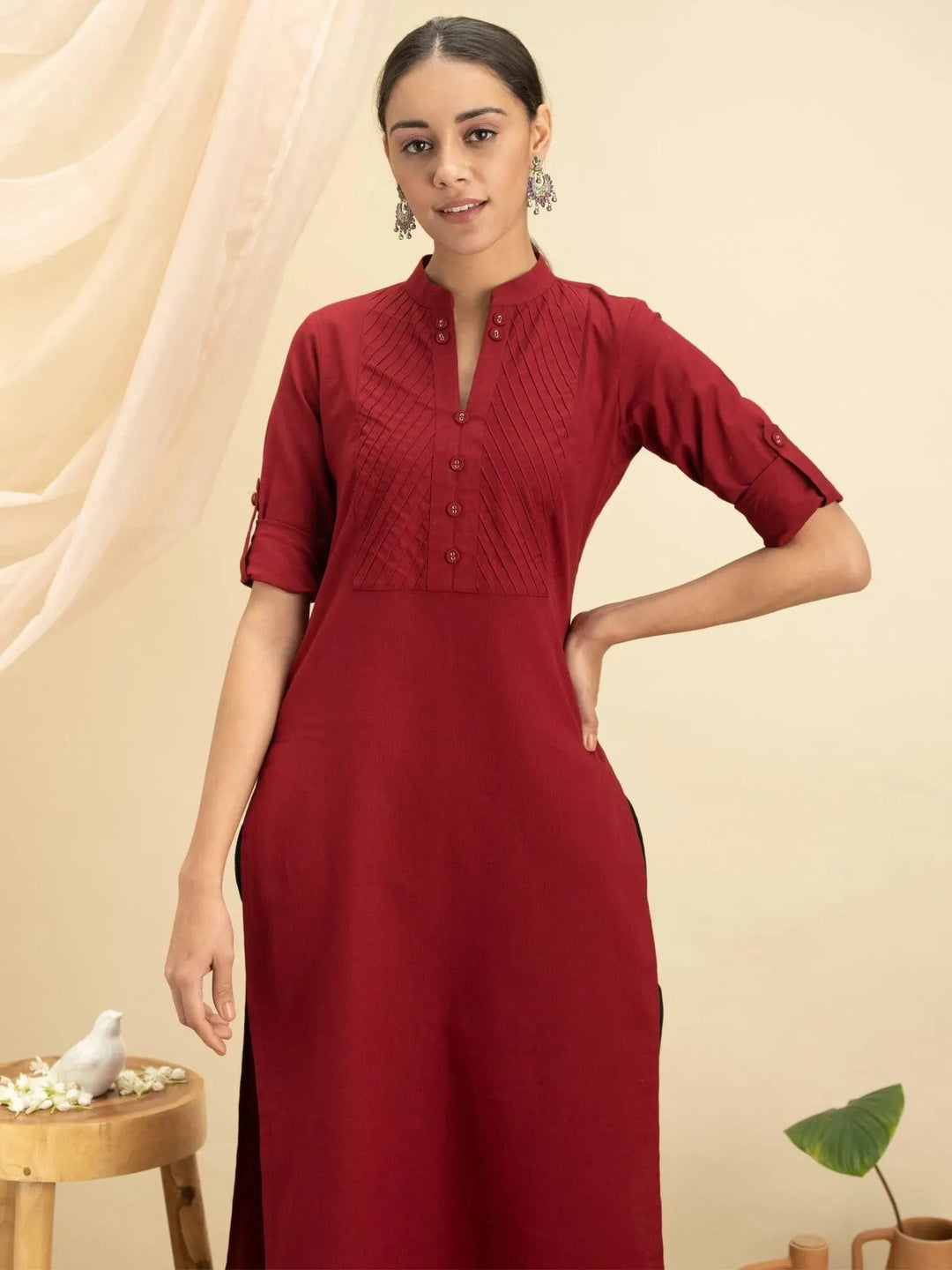 Maroon Solid Cotton Kurta - Libas 