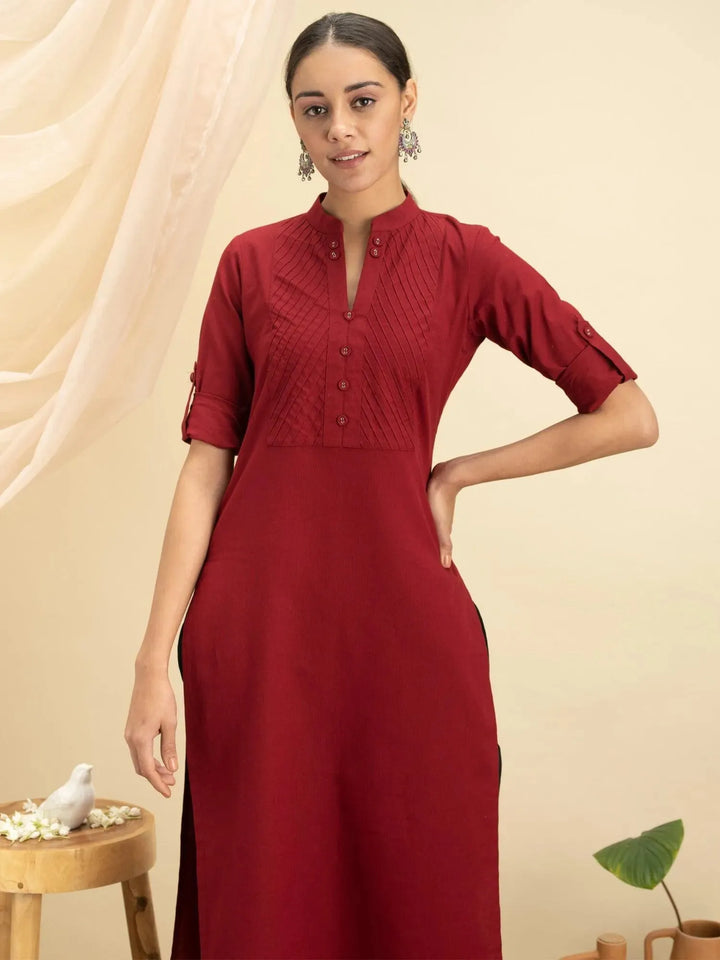 Maroon Solid Cotton Kurta - Libas