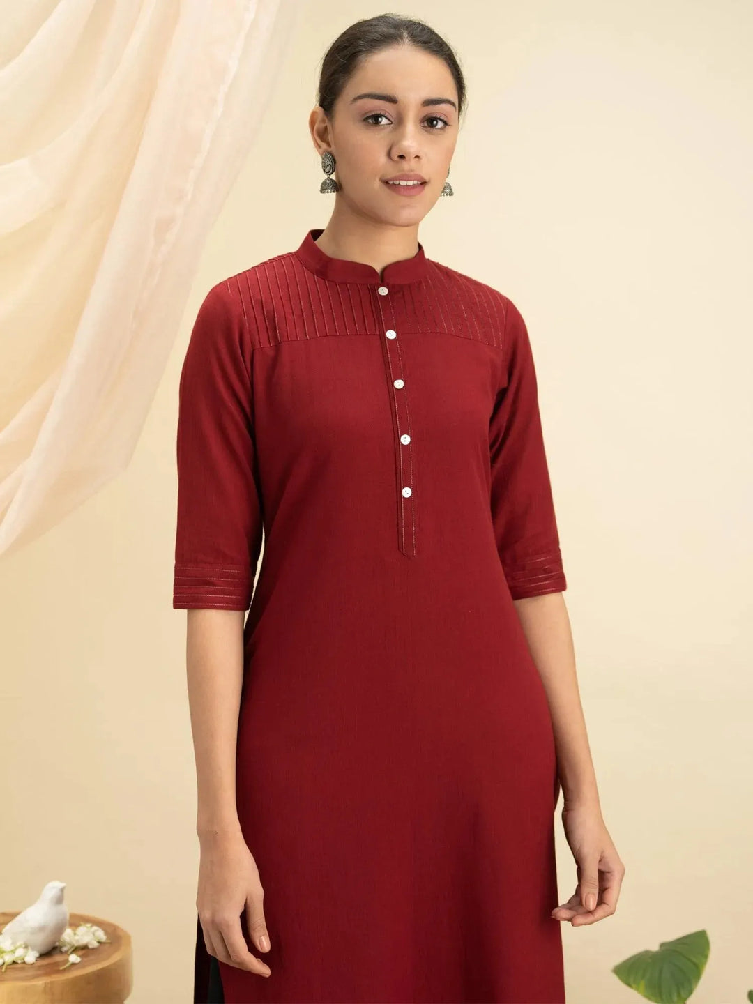 Maroon Solid Cotton Kurta - Libas 