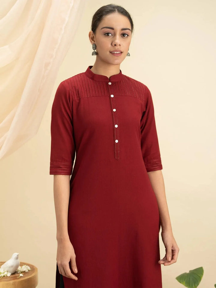 Maroon Solid Cotton Kurta - Libas