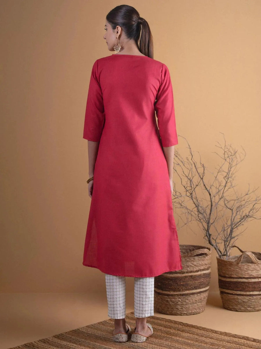 Women Maroon Solid Cotton A-Line Kurta main image 1