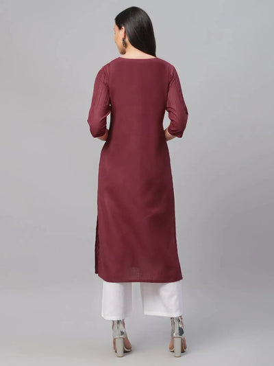 Maroon Solid Cotton Kurta - Libas