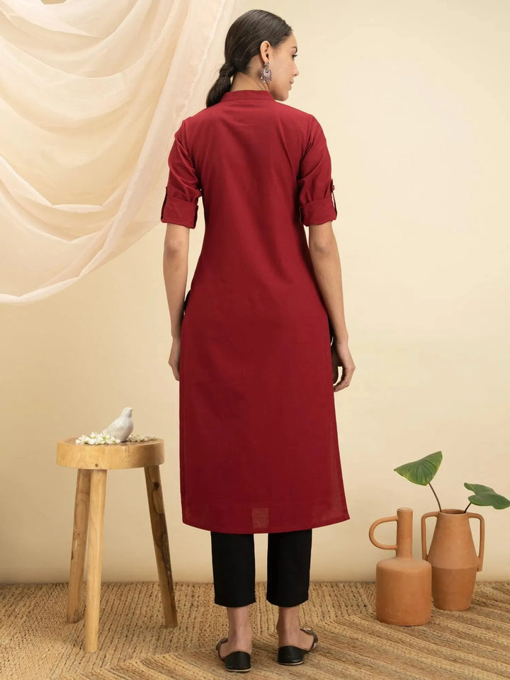 Maroon Solid Cotton Kurta - Libas