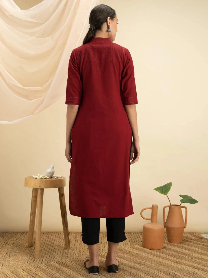 Maroon Solid Cotton Kurta - Libas