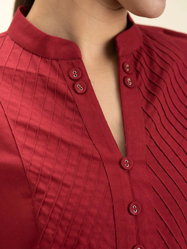 Maroon Solid Cotton Kurta - Libas