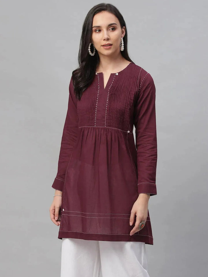 Maroon Solid Cotton Kurti - Libas