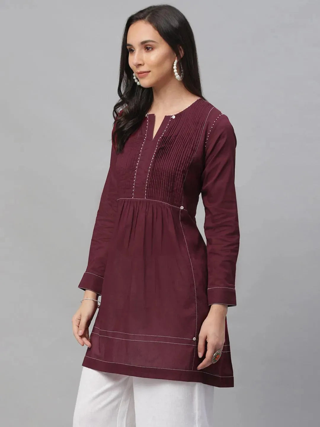 Maroon Solid Cotton Kurti - Libas