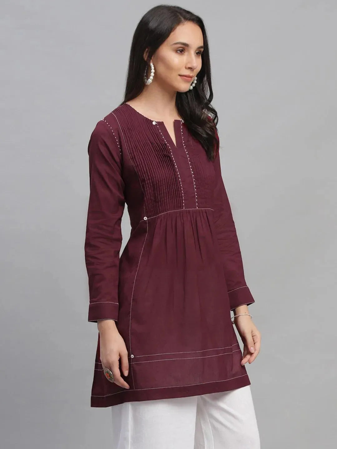 Maroon Solid Cotton Kurti - Libas 
