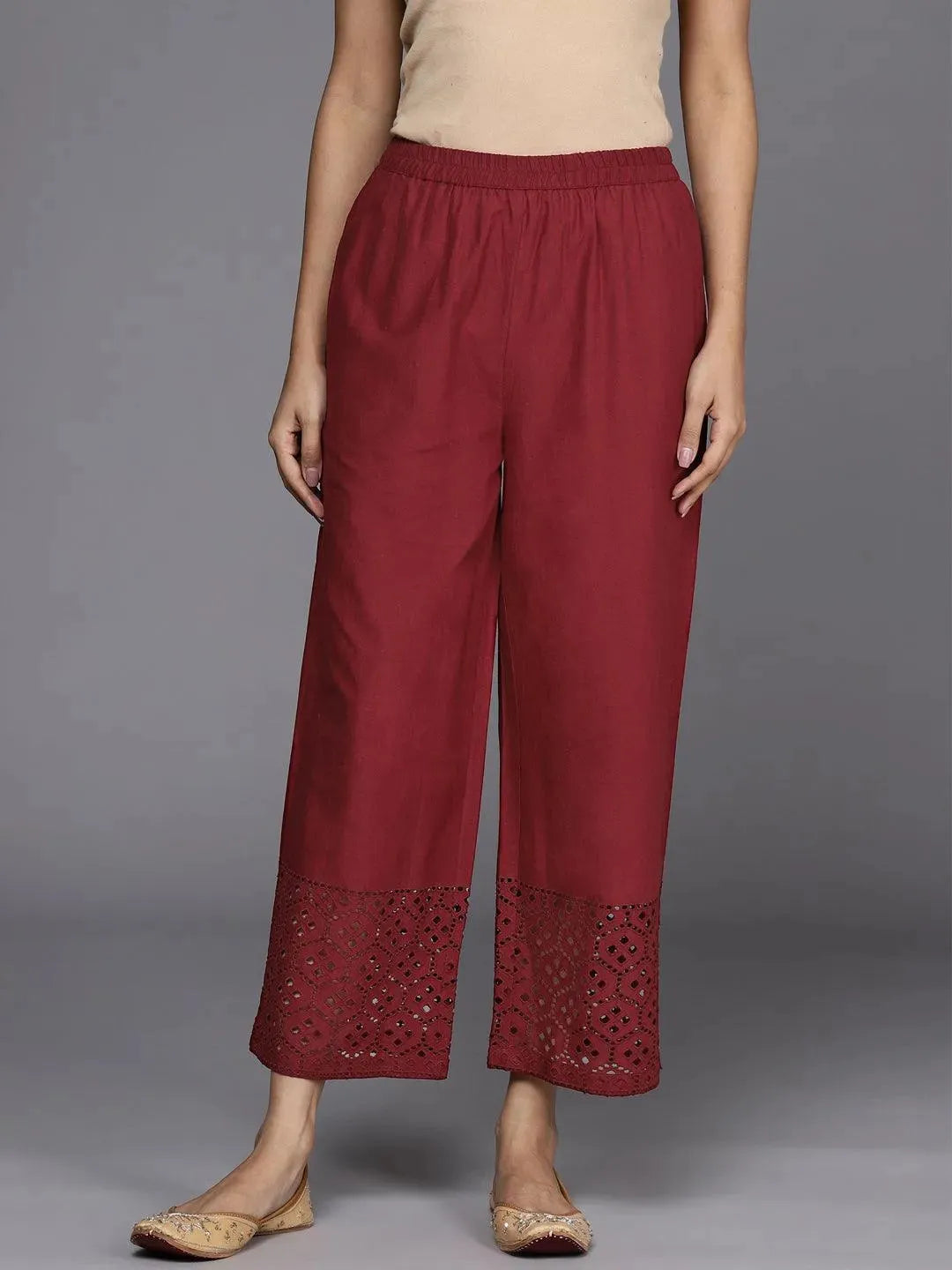 Maroon Solid Cotton Palazzos - Libas