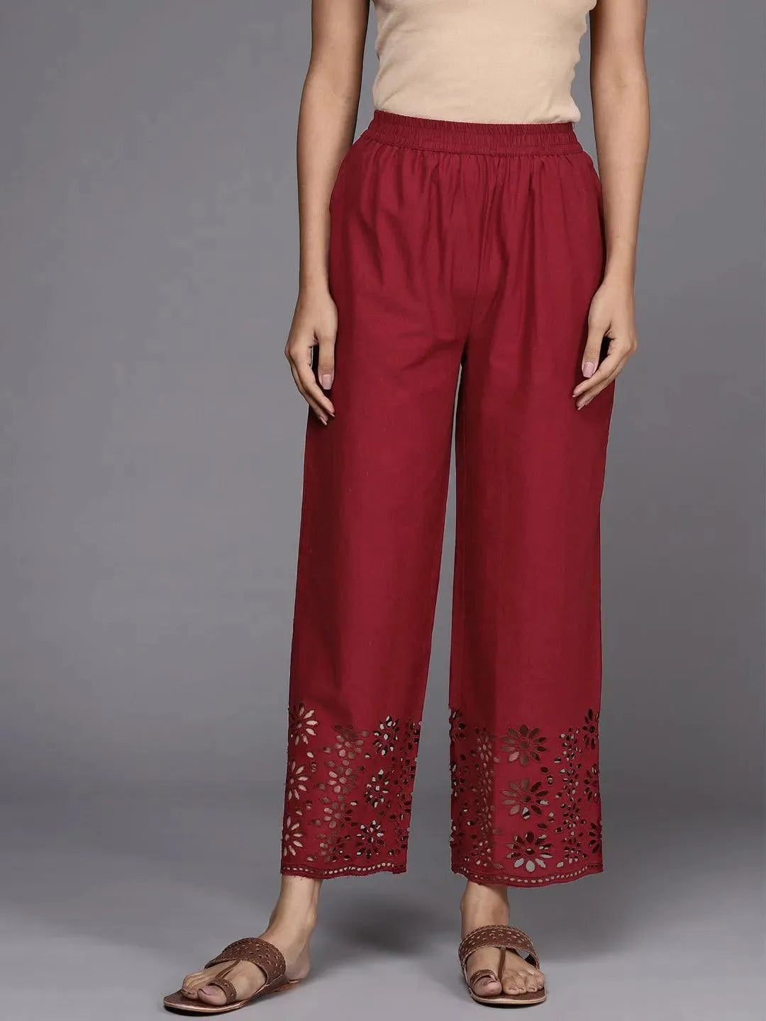 Maroon Solid Cotton Palazzos - Libas
