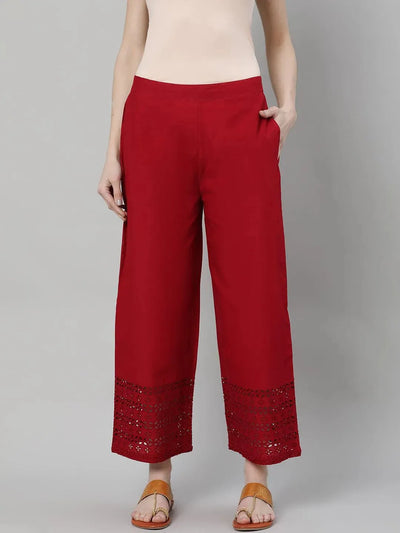 Maroon Solid Cotton Palazzos - Libas