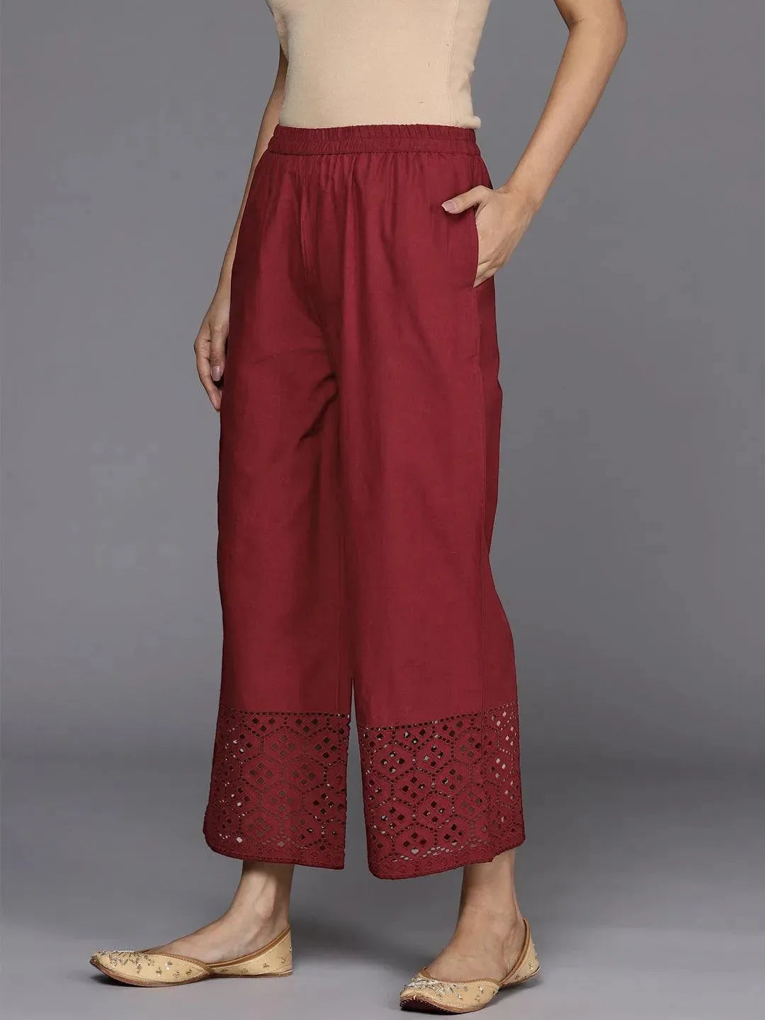 Maroon Solid Cotton Palazzos - Libas 