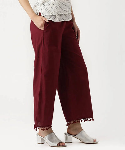 Maroon Solid Cotton Palazzos - Libas