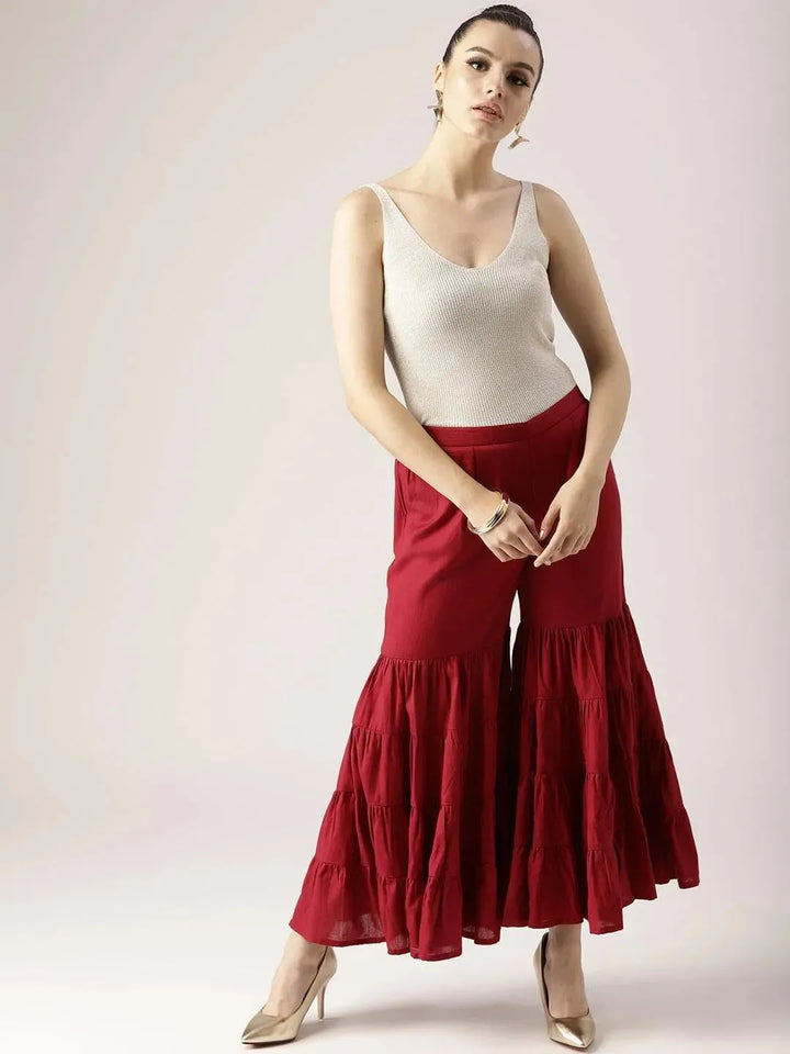 Maroon Solid Cotton Palazzos - Libas