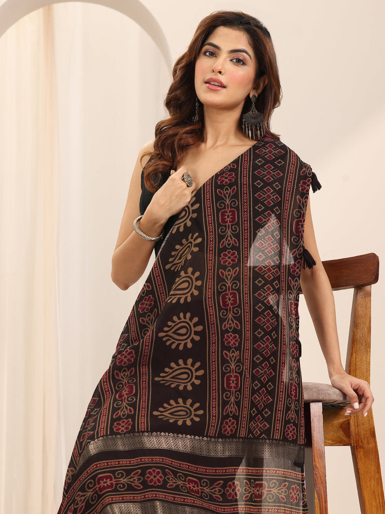 Libas Maroon Solid Cotton Silk Saree With Unstitched Blouse Piece
