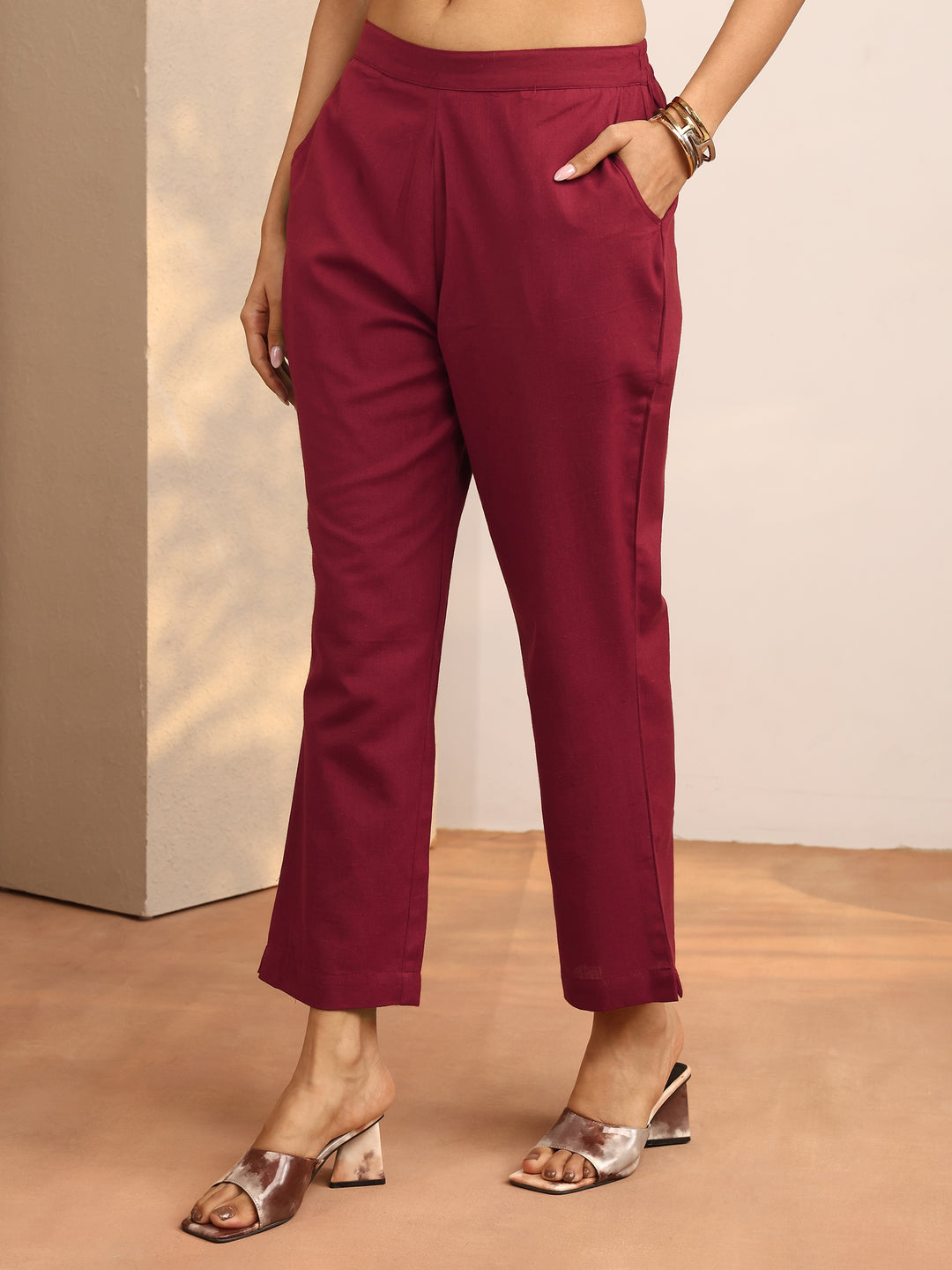 Maroon Solid Cotton Trouser