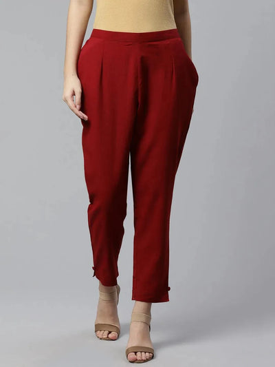 Maroon Solid Cotton Trousers - Libas