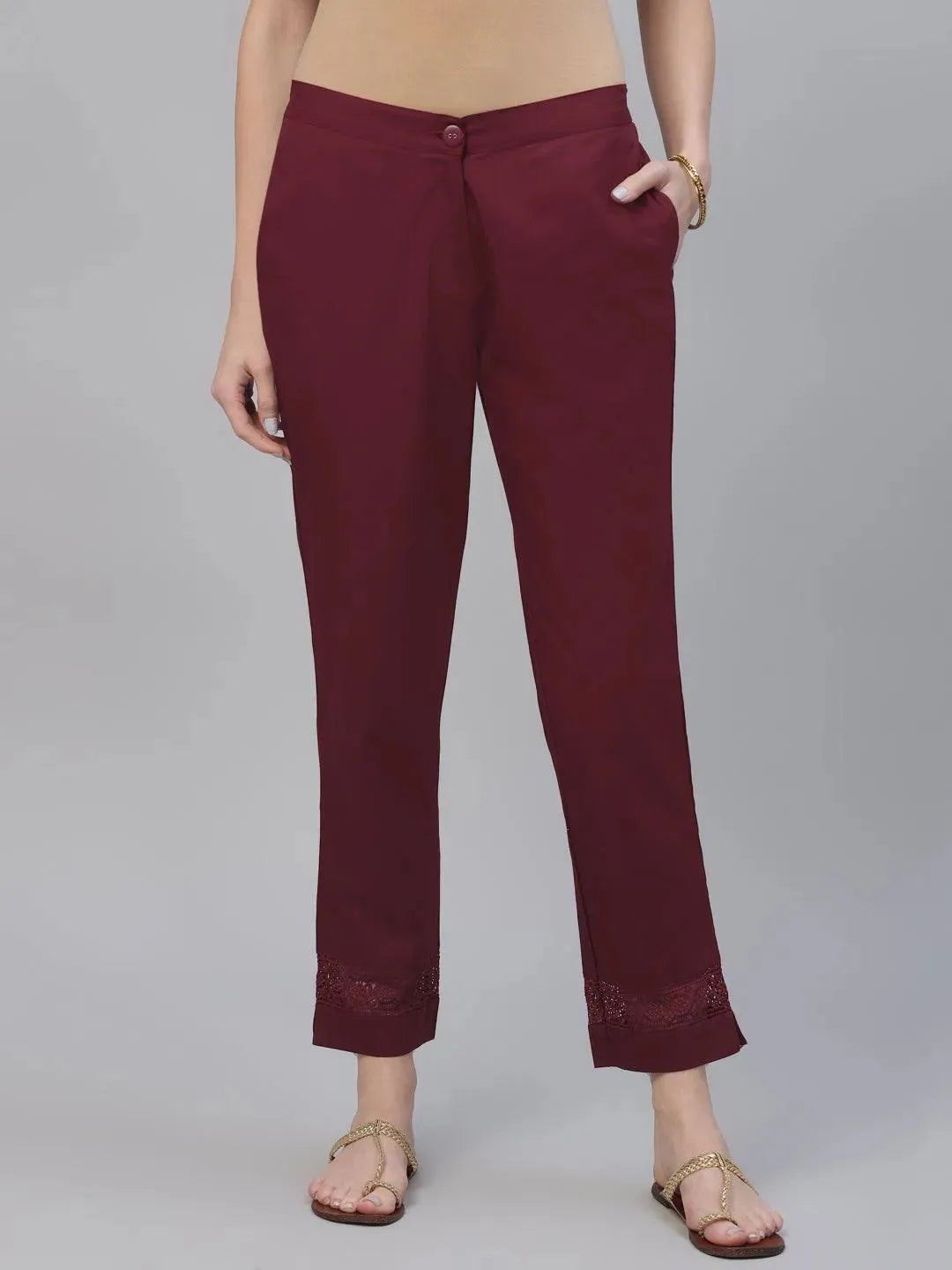 Maroon Solid Cotton Trousers - Libas