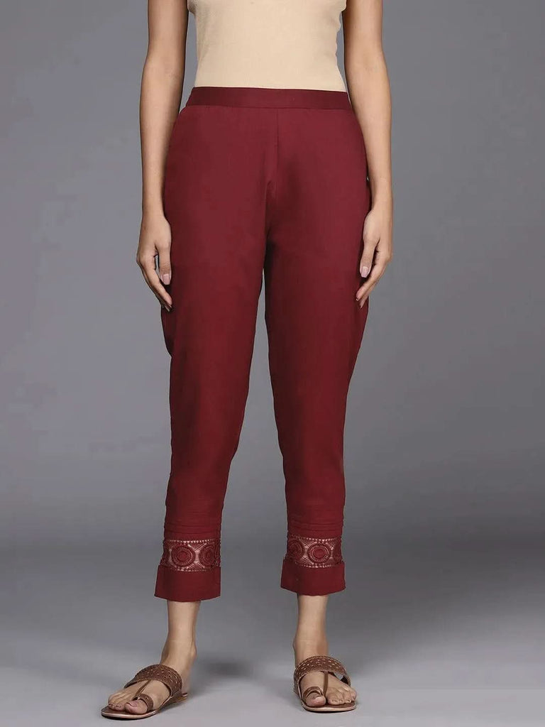 Libas Maroon Solid Cotton Trousers