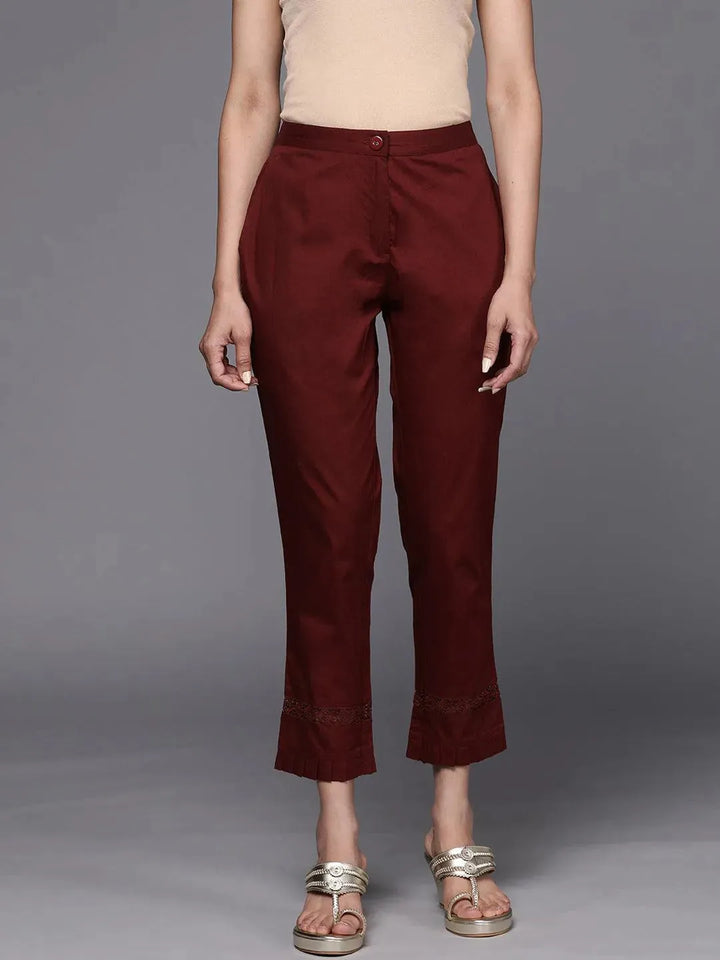 Maroon Solid Cotton Trousers - Libas