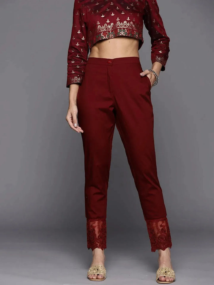 Maroon Solid Cotton Trousers - Libas