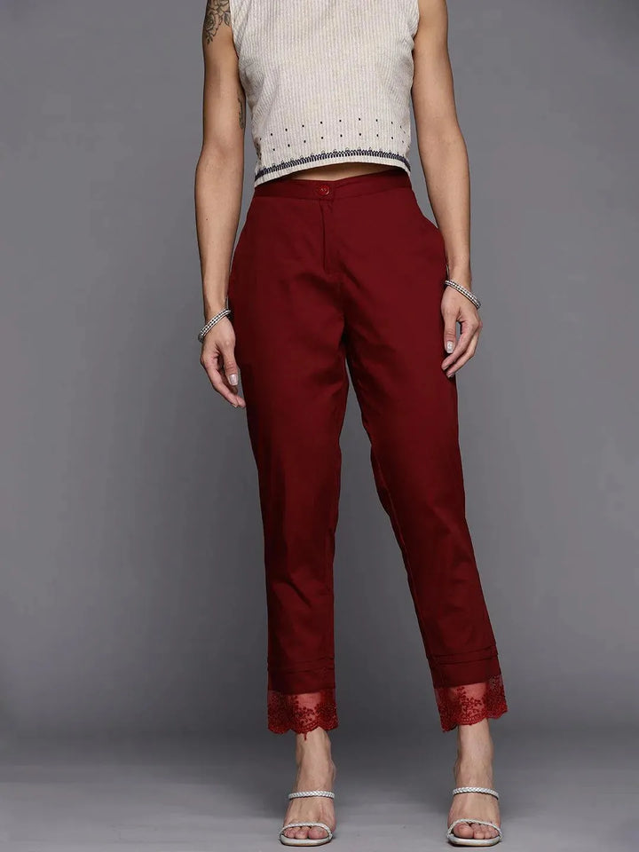 Maroon Solid Cotton Trousers - Libas