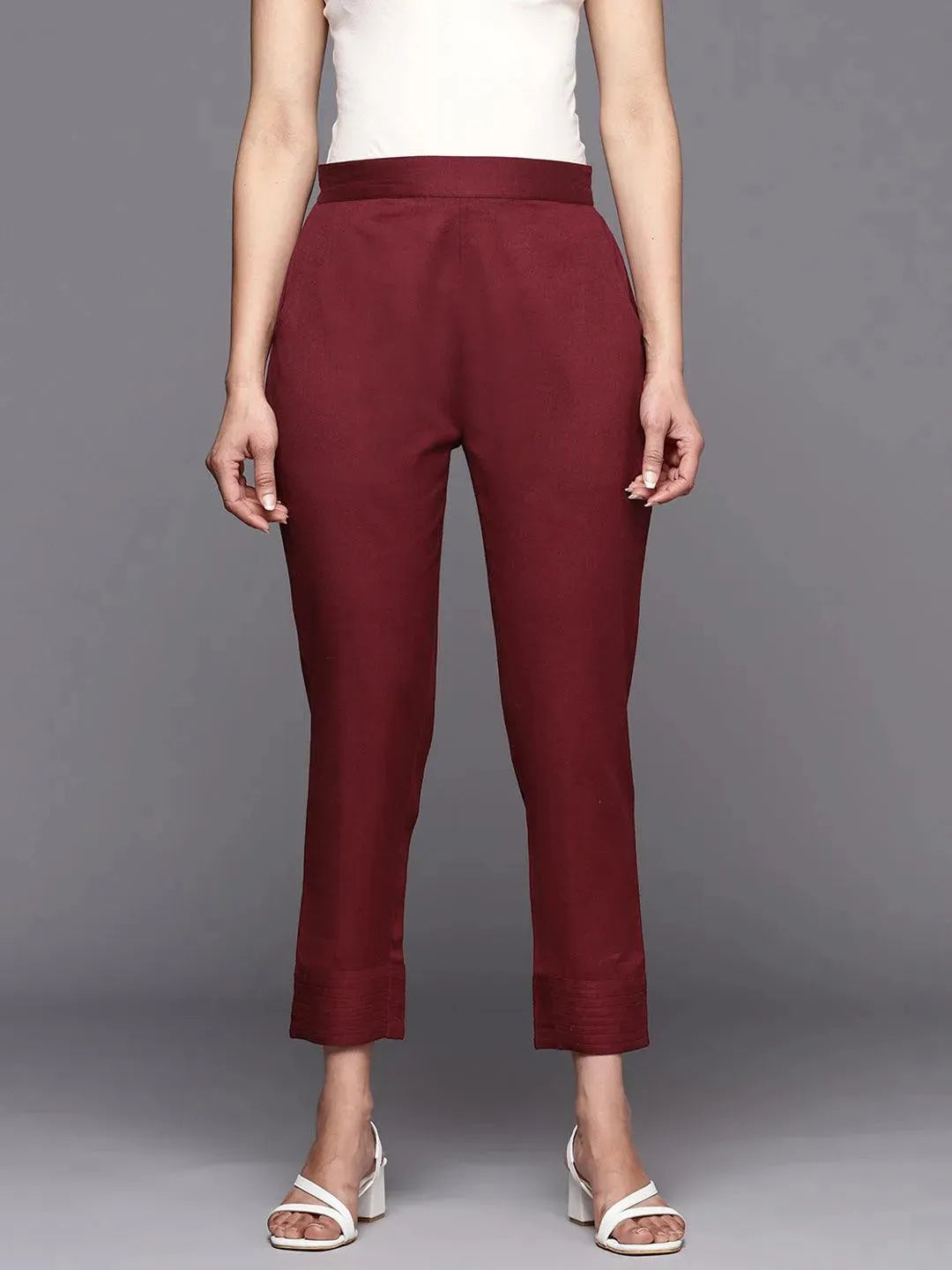 Maroon Solid Cotton Trousers - Libas