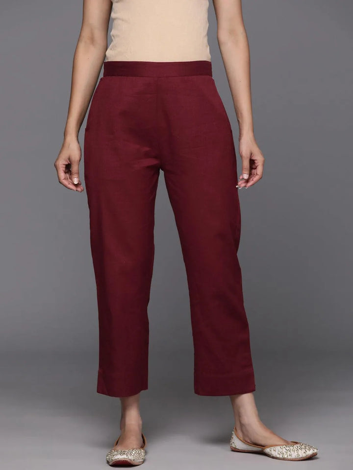 Maroon Solid Cotton Trousers - Libas