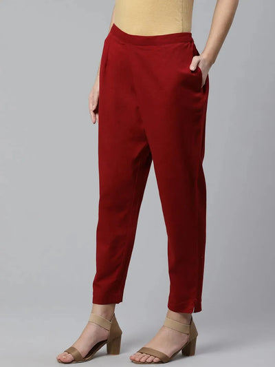 Maroon Solid Cotton Trousers - Libas