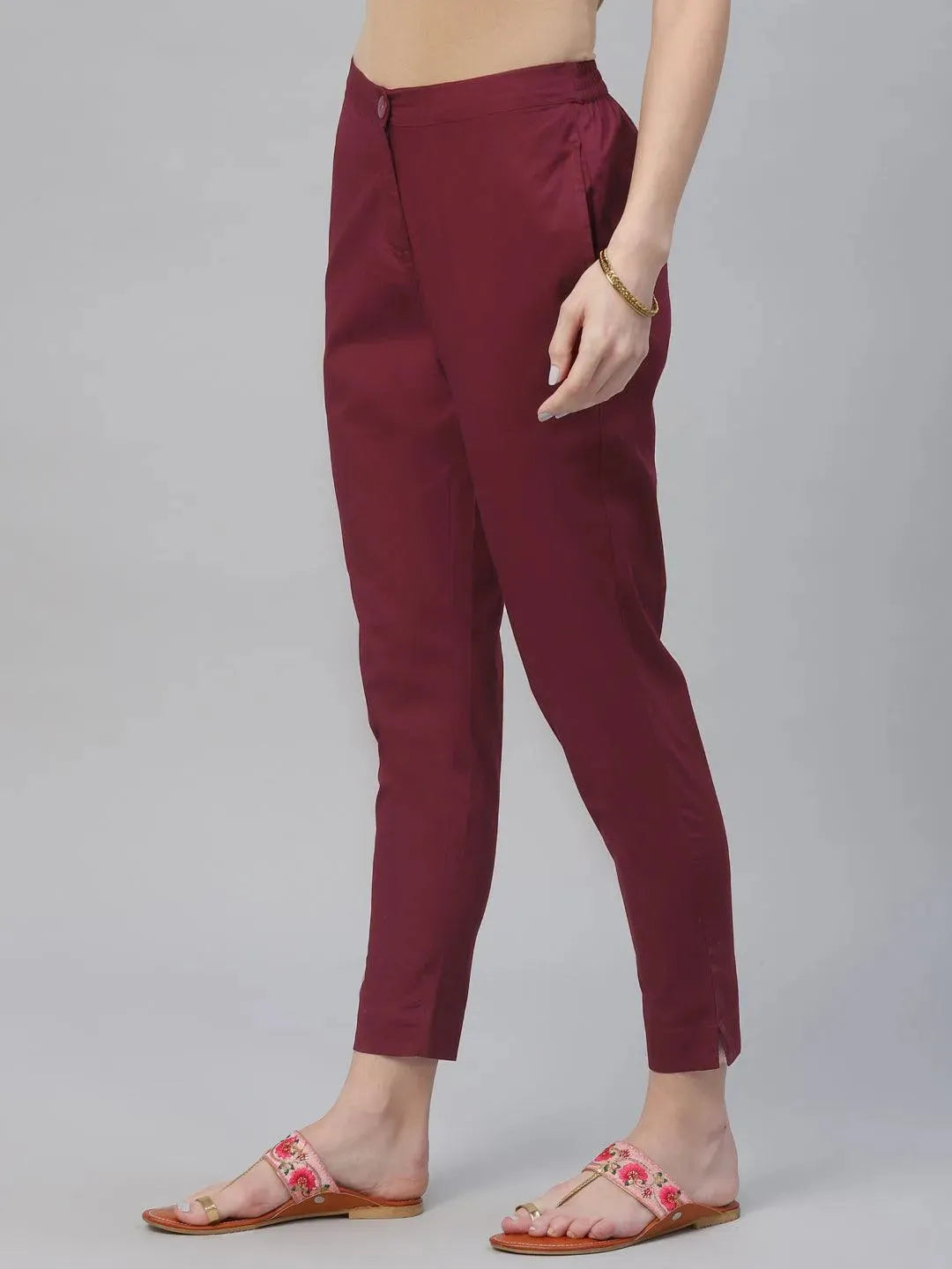 Maroon Solid Cotton Trousers - Libas 