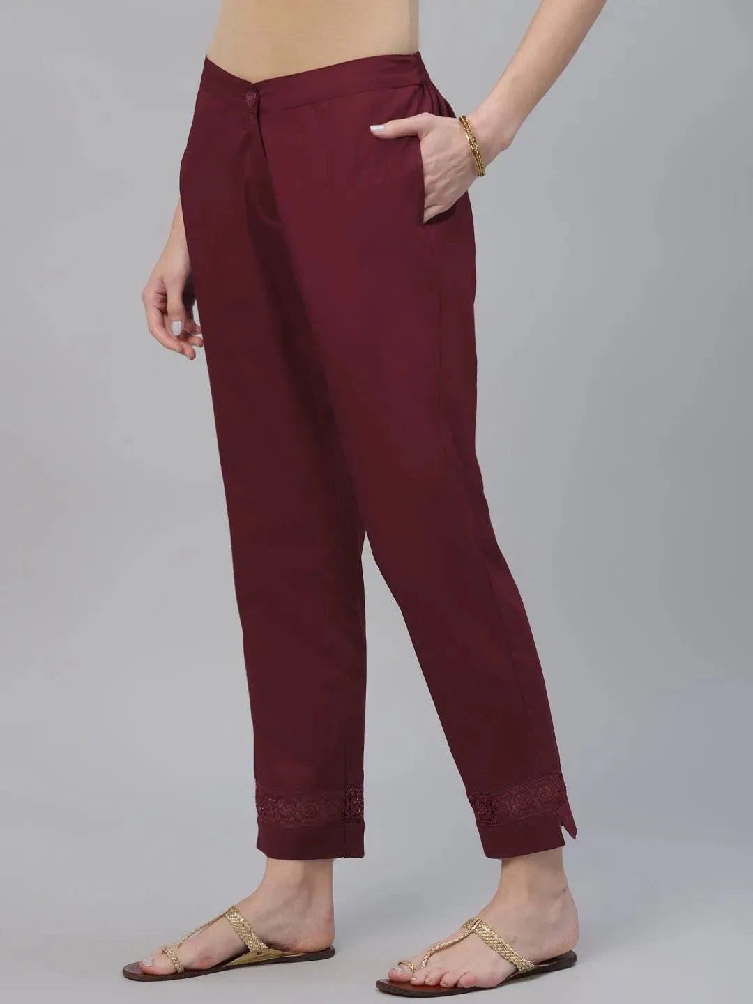 Maroon Solid Cotton Trousers - Libas