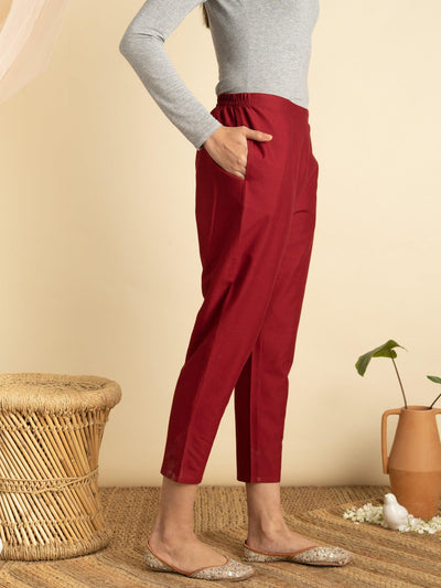 Maroon Solid Cotton Trousers - Libas