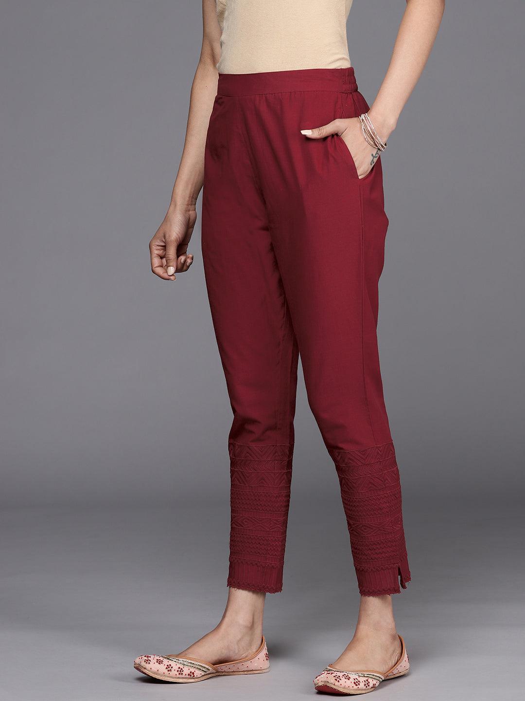 Maroon Solid Cotton Trousers