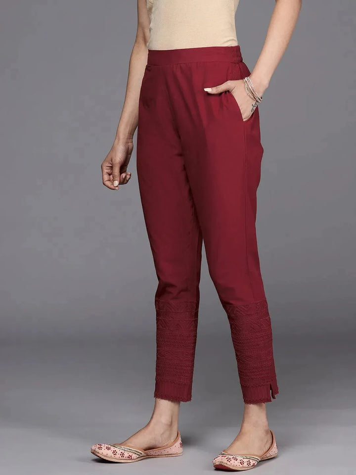 Maroon Solid Cotton Trousers - Libas