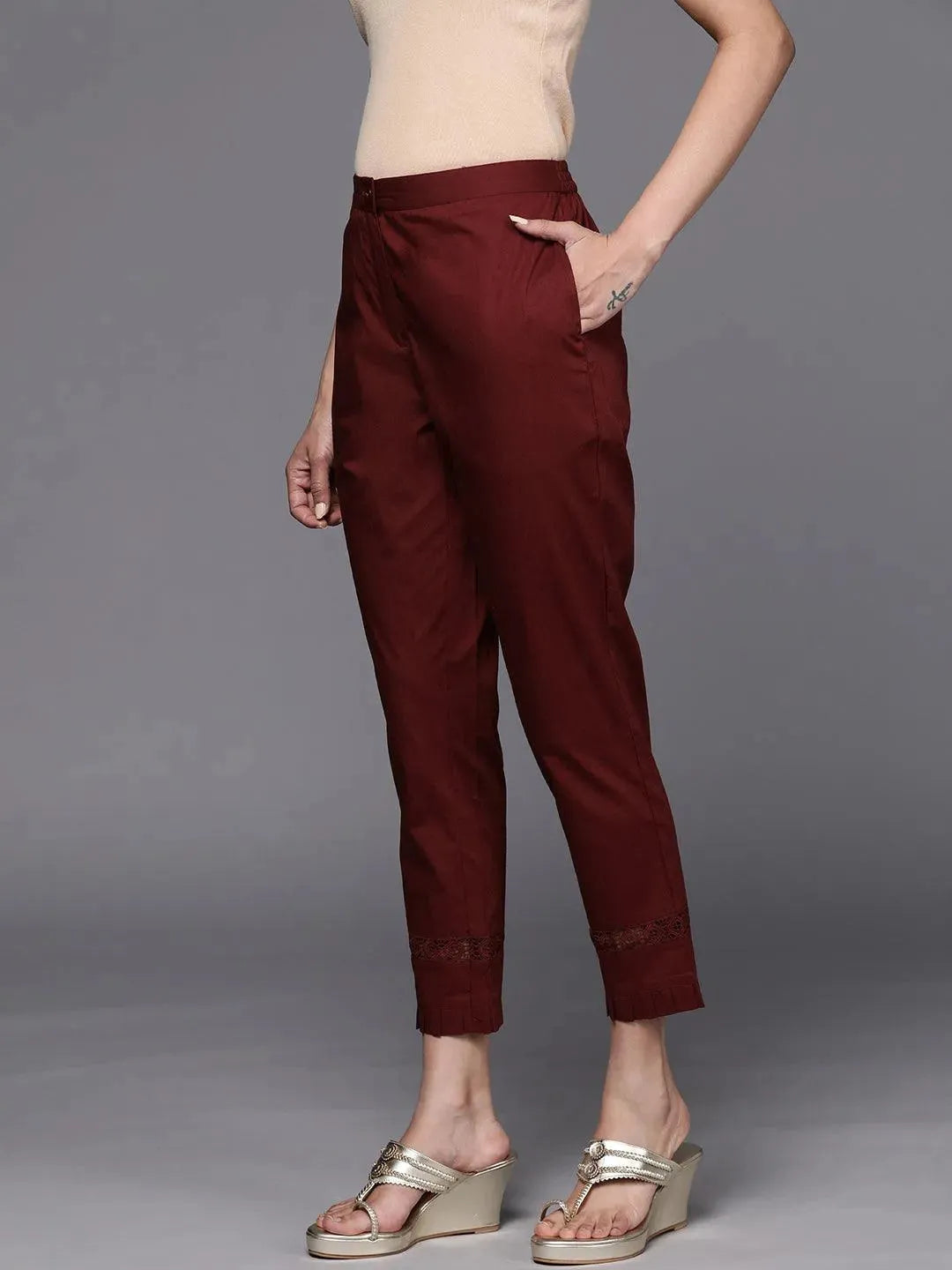 Maroon Solid Cotton Trousers - Libas 