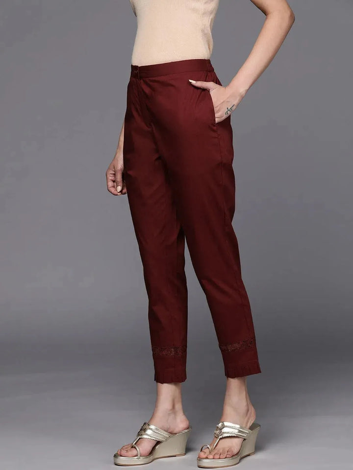 Maroon Solid Cotton Trousers - Libas