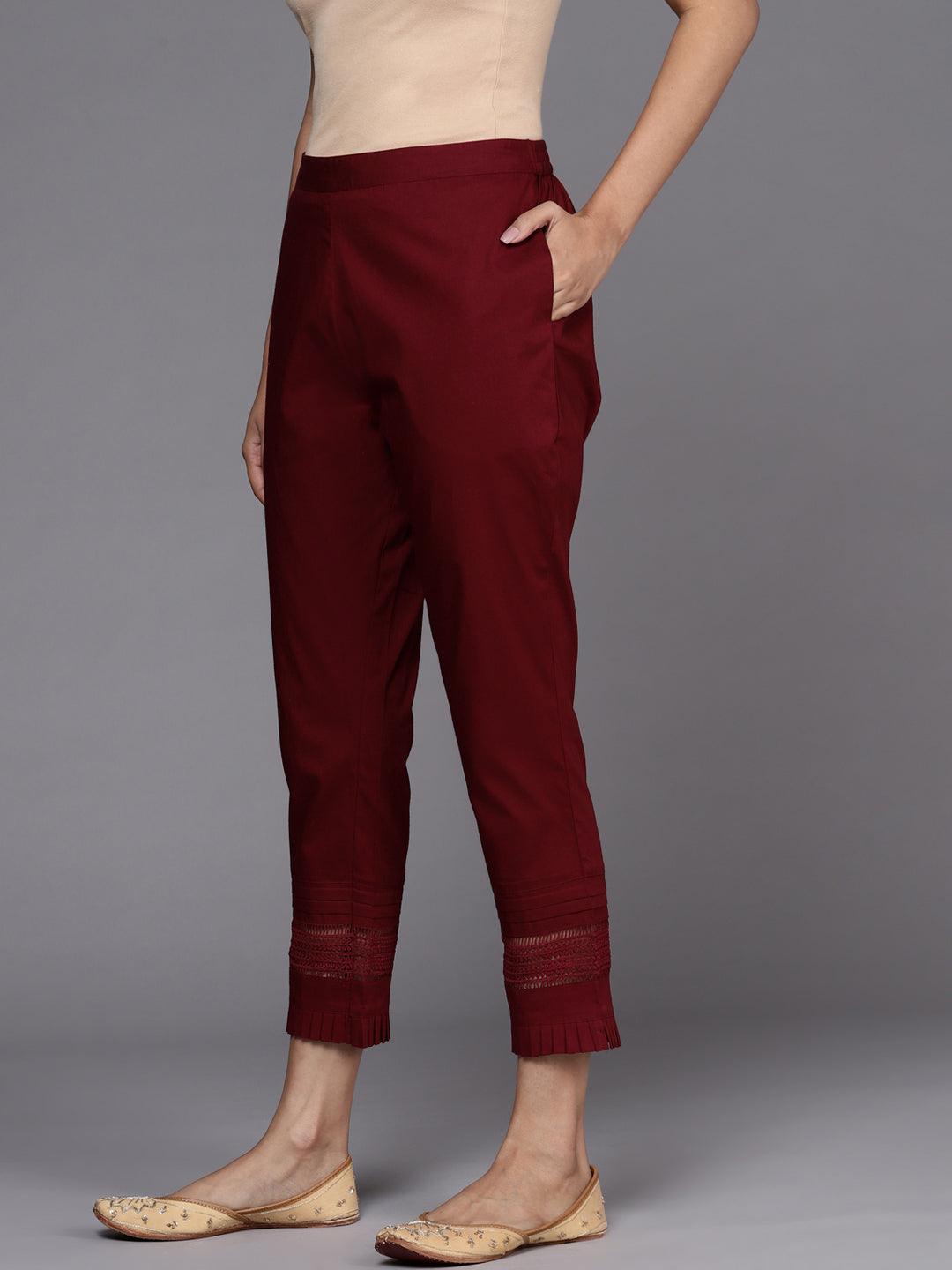 Maroon Solid Cotton Trousers - Libas