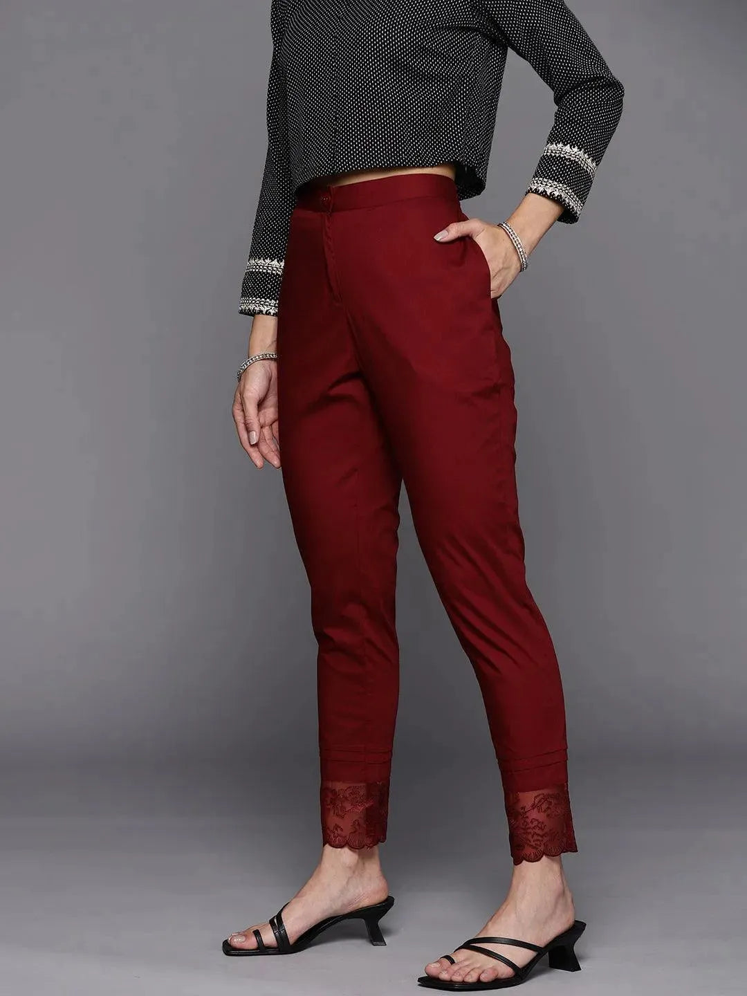 Maroon Solid Cotton Trousers - Libas