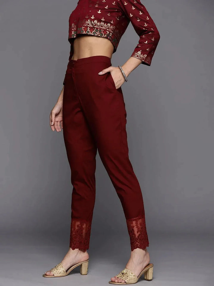 Maroon Solid Cotton Trousers - Libas