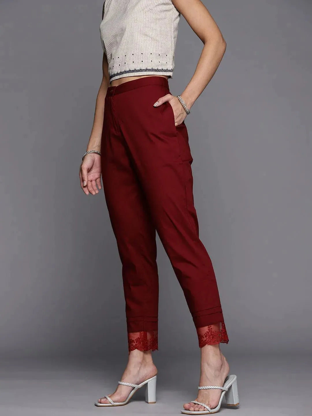 Maroon Solid Cotton Trousers - Libas