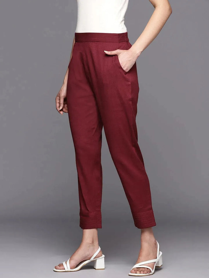 Maroon Solid Cotton Trousers - Libas