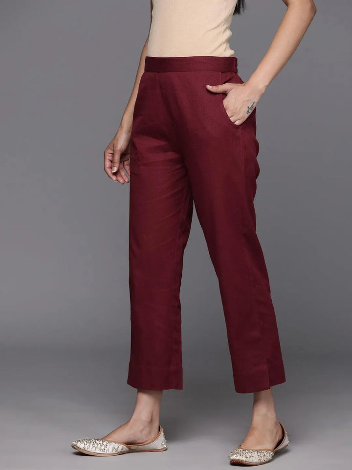 Maroon Solid Cotton Trousers - Libas