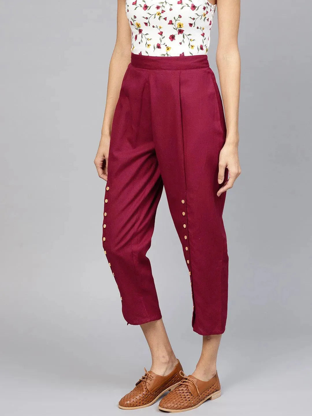 Maroon Solid Cotton Trousers - Libas 
