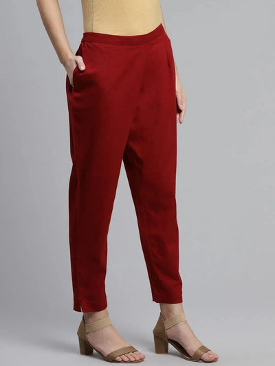 Maroon Solid Cotton Trousers - Libas